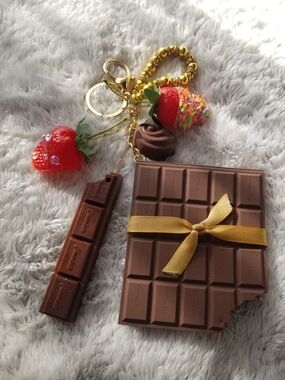 Chocolate Bar & Strawberry Charm Keychain Set - Brown & Red